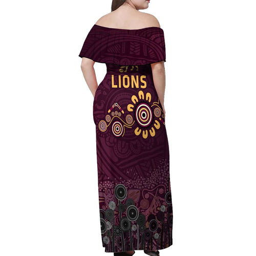 Brisbane Lions Football Off Shoulder Maxi Dress Aboriginal Dot and Spiral Art