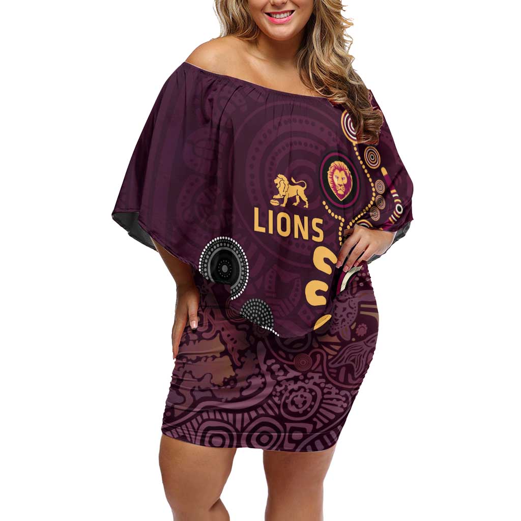 Brisbane Lions Football Off Shoulder Short Dress Aboriginal Dot and Spiral Art