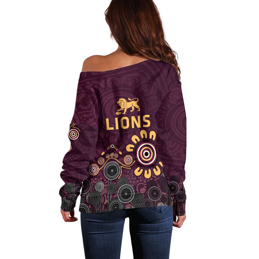 Brisbane Lions Football Off Shoulder Sweater Aboriginal Dot and Spiral Art