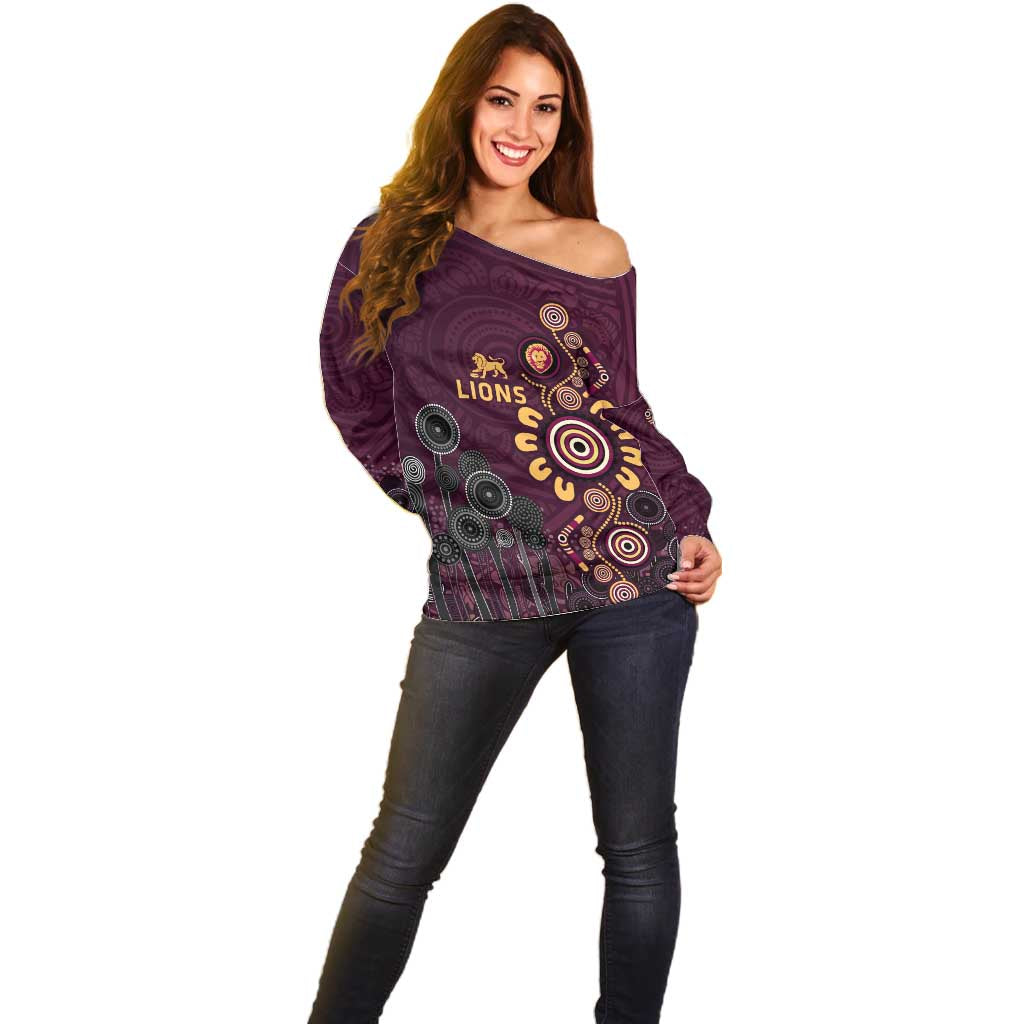 Brisbane Lions Football Off Shoulder Sweater Aboriginal Dot and Spiral Art