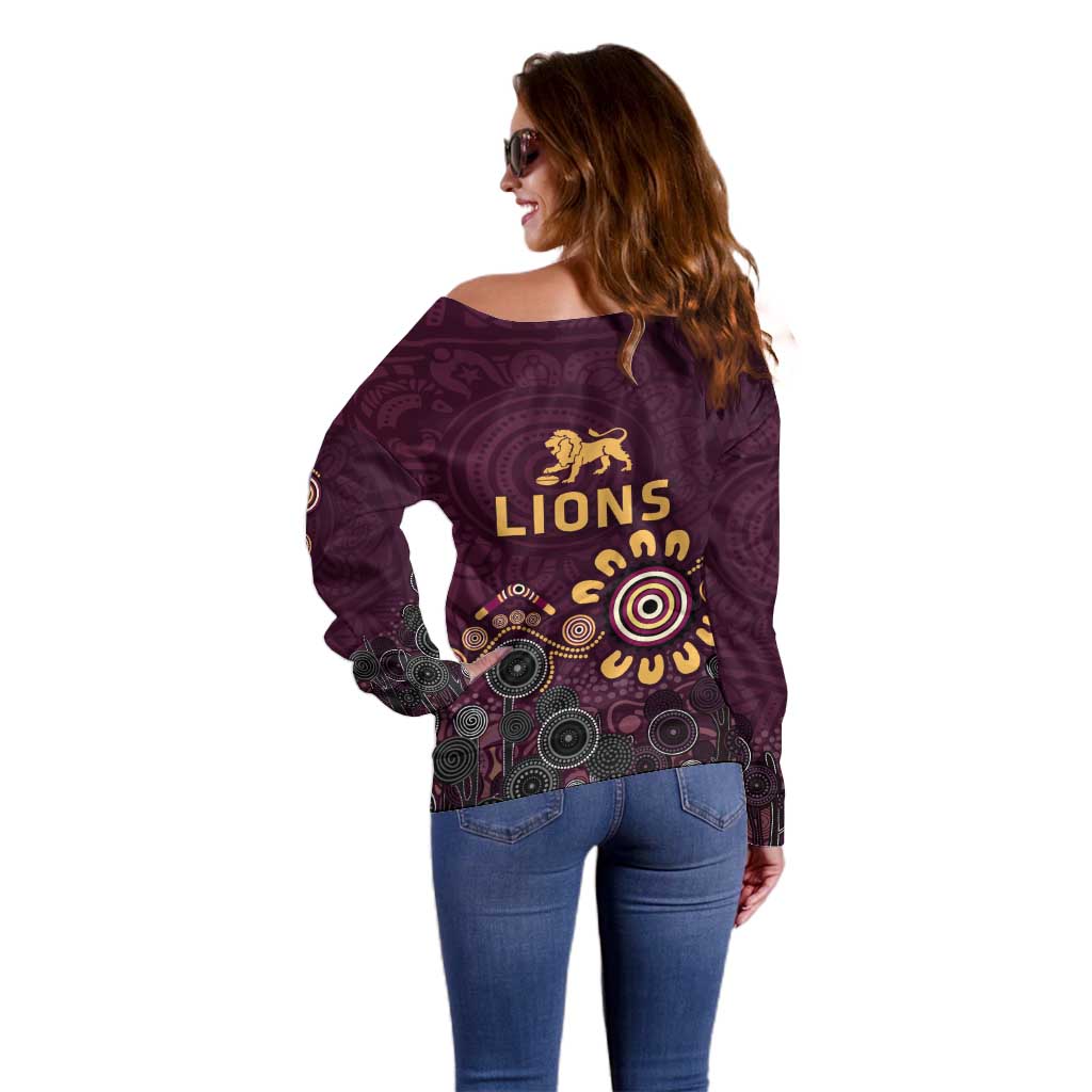 Brisbane Lions Football Off Shoulder Sweater Aboriginal Dot and Spiral Art