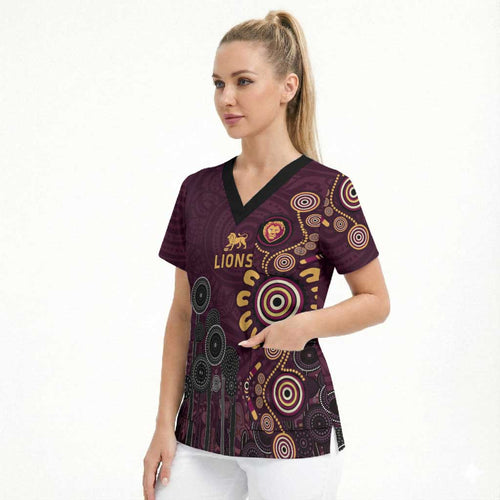 Brisbane Lions Football Scrub Top Aboriginal Dot and Spiral Art