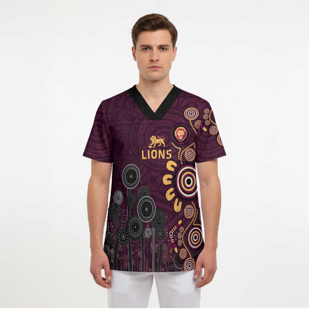 Brisbane Lions Football Scrub Top Aboriginal Dot and Spiral Art
