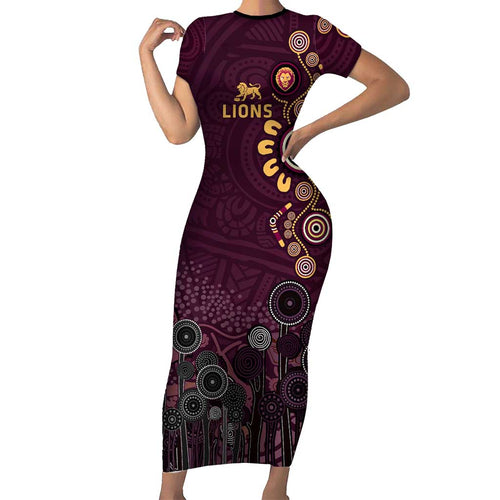 Brisbane Lions Football Short Sleeve Bodycon Dress Aboriginal Dot and Spiral Art