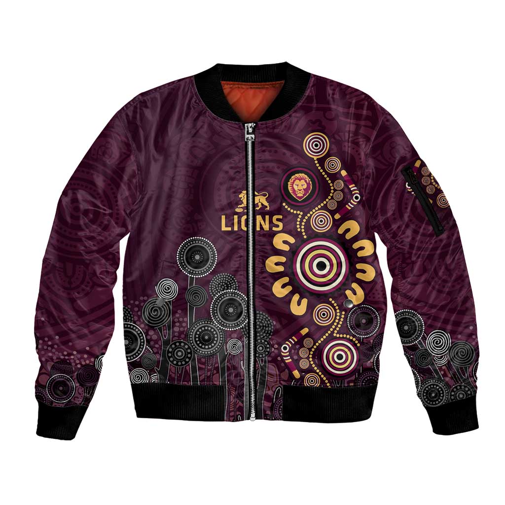 Brisbane Lions Football Sleeve Zip Bomber Jacket Aboriginal Dot and Spiral Art