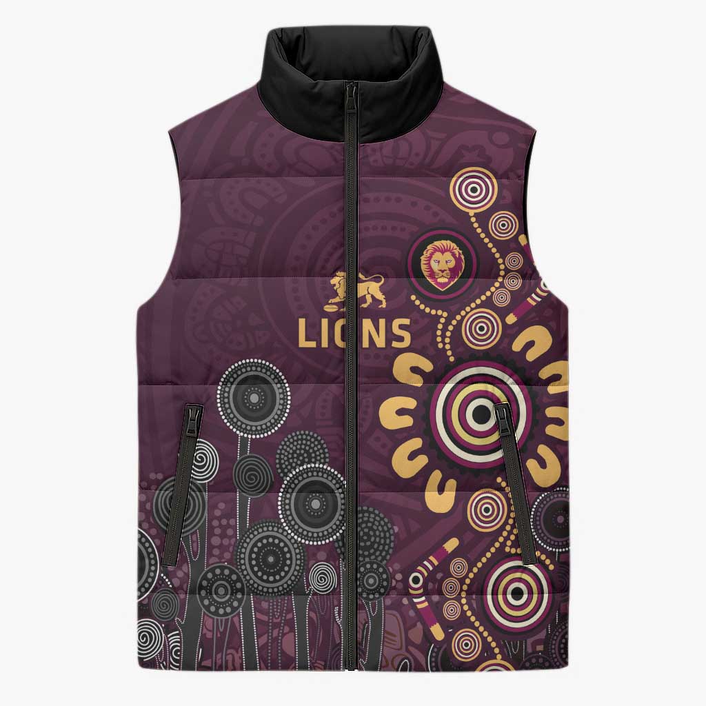 Brisbane Lions Football Sleeveless Puffer Jacket Aboriginal Dot and Spiral Art