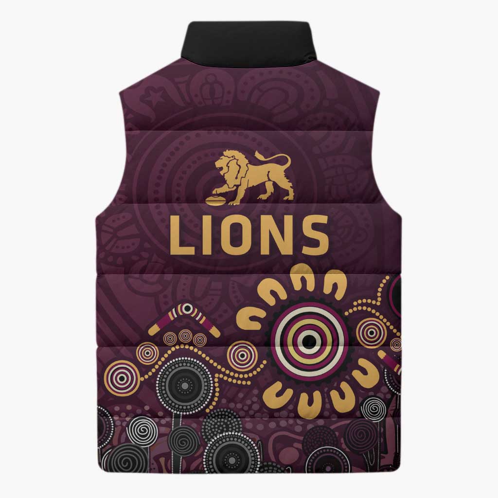 Brisbane Lions Football Sleeveless Puffer Jacket Aboriginal Dot and Spiral Art