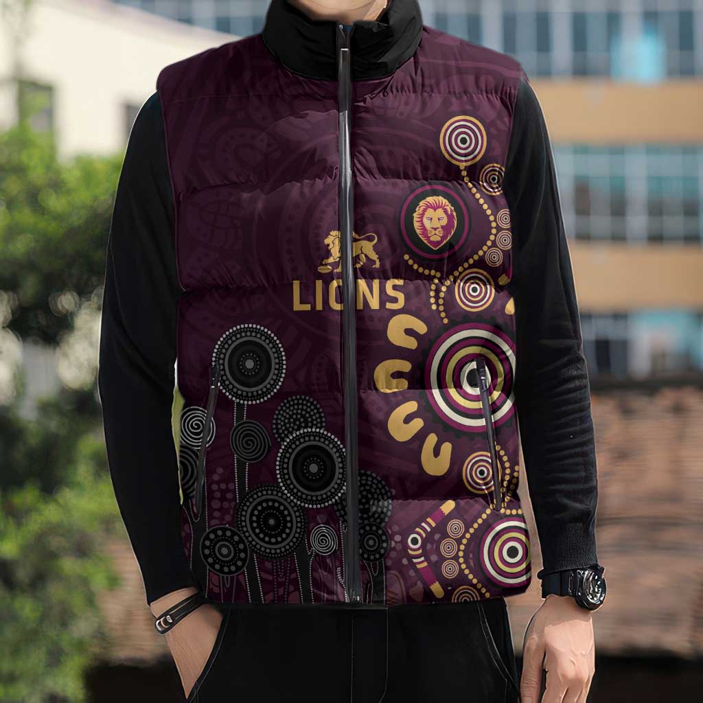 Brisbane Lions Football Sleeveless Puffer Jacket Aboriginal Dot and Spiral Art
