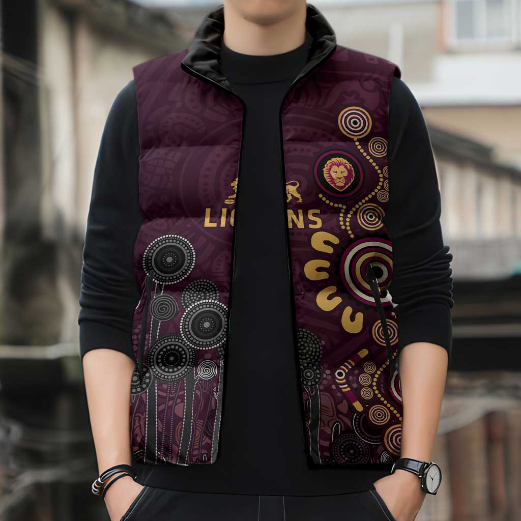 Brisbane Lions Football Sleeveless Puffer Jacket Aboriginal Dot and Spiral Art