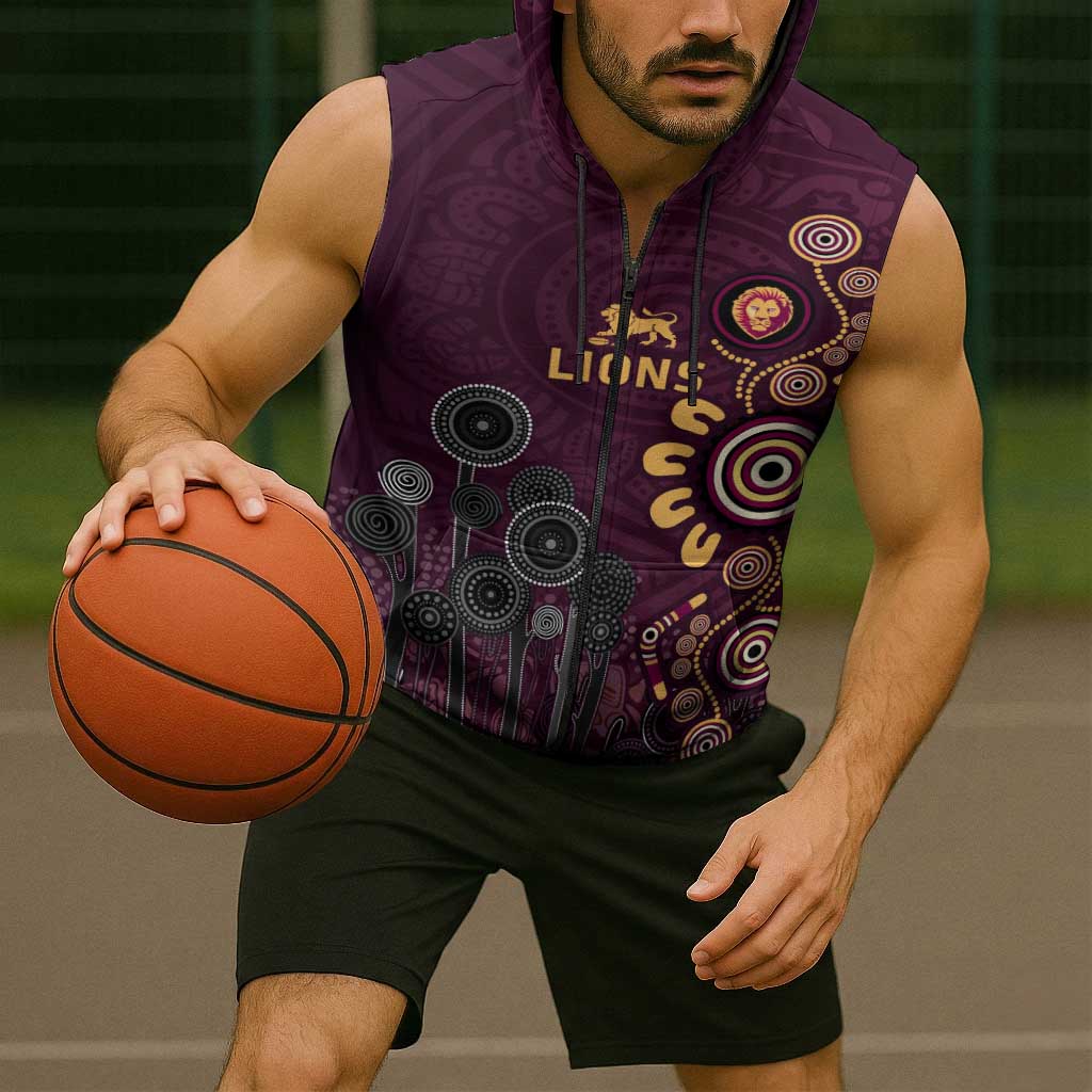 Brisbane Lions Football Sleeveless Zip Hoodie Aboriginal Dot and Spiral Art