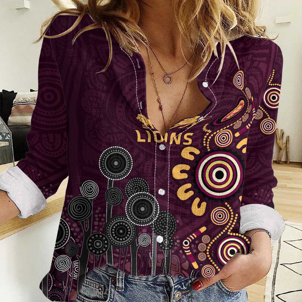 Brisbane Lions Football Women Casual Shirt Aboriginal Dot and Spiral Art