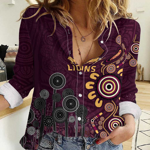 Brisbane Lions Football Women Casual Shirt Aboriginal Dot and Spiral Art