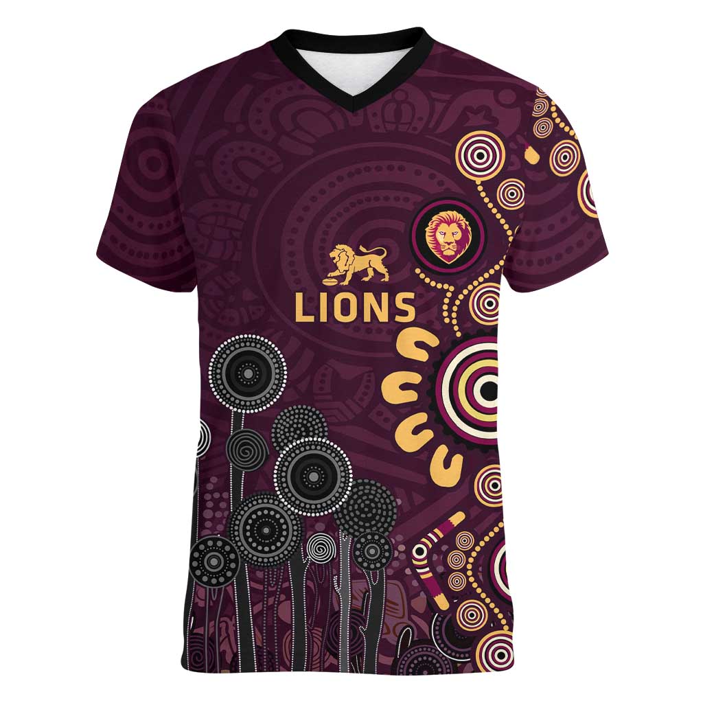Brisbane Lions Football Women V-Neck T-Shirt Aboriginal Dot and Spiral Art