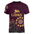 Brisbane Lions Football Women V-Neck T-Shirt Aboriginal Dot and Spiral Art