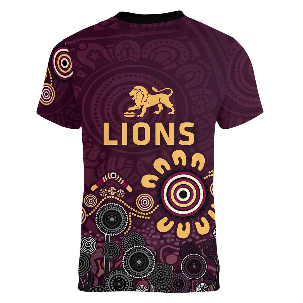 Brisbane Lions Football Women V-Neck T-Shirt Aboriginal Dot and Spiral Art