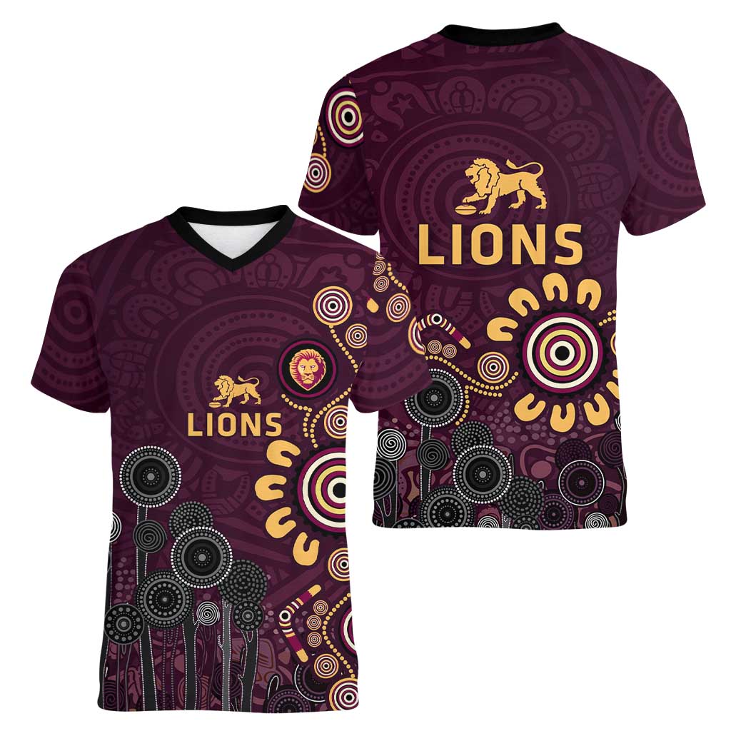 Brisbane Lions Football Women V-Neck T-Shirt Aboriginal Dot and Spiral Art
