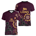 Brisbane Lions Football Women V-Neck T-Shirt Aboriginal Dot and Spiral Art