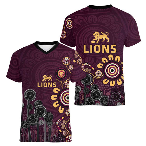 Brisbane Lions Football Women V-Neck T-Shirt Aboriginal Dot and Spiral Art