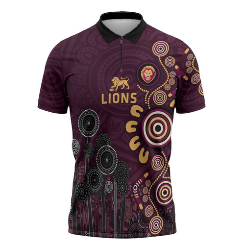 Brisbane Lions Football Zipper Polo Shirt Aboriginal Dot and Spiral Art