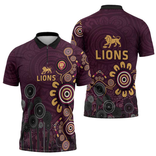 Brisbane Lions Football Zipper Polo Shirt Aboriginal Dot and Spiral Art