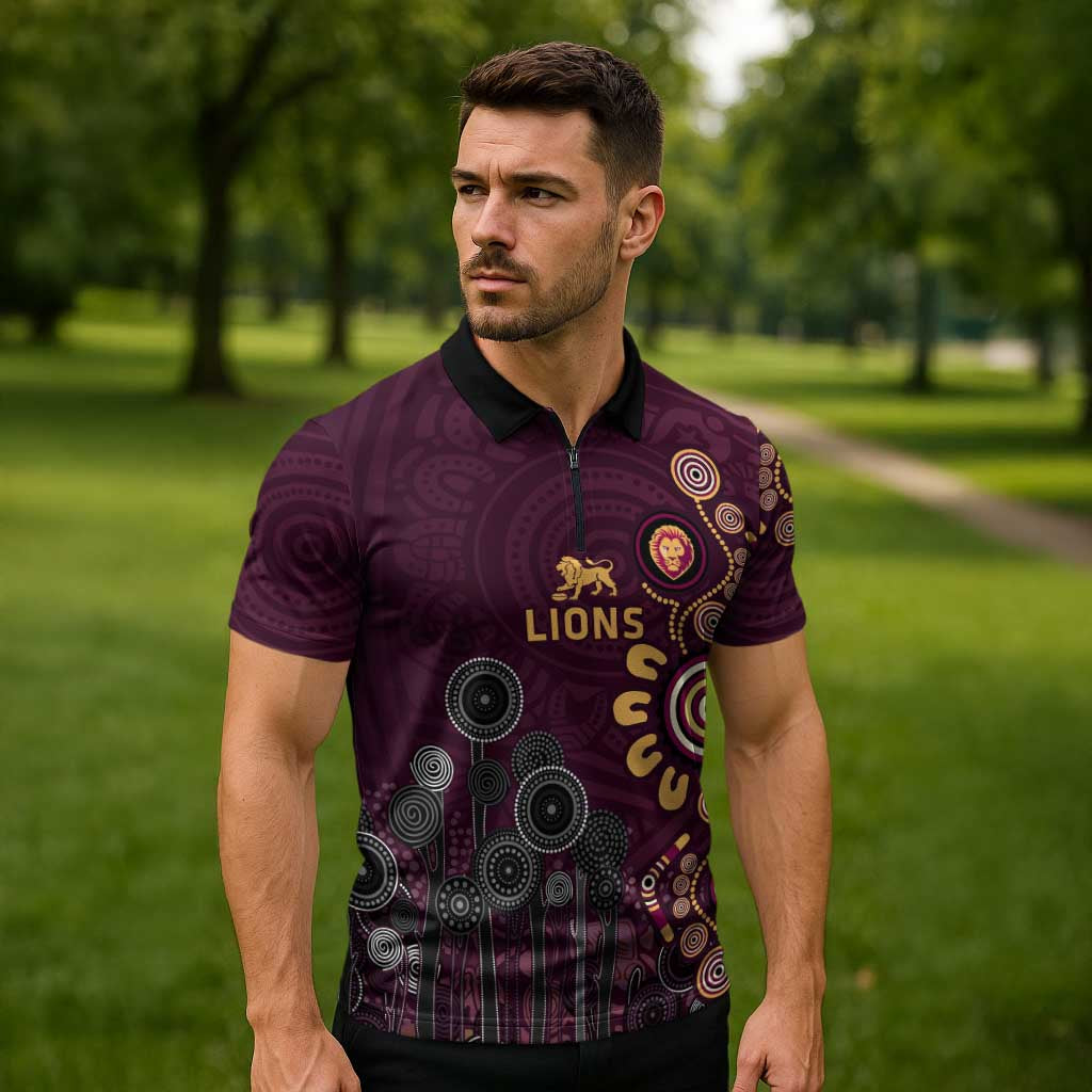 Brisbane Lions Football Zipper Polo Shirt Aboriginal Dot and Spiral Art