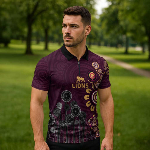 Brisbane Lions Football Zipper Polo Shirt Aboriginal Dot and Spiral Art