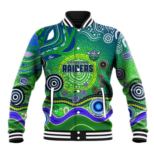 Canberra Raiders Rugby Baseball Jacket Australian Aboriginal Dot Painting Style