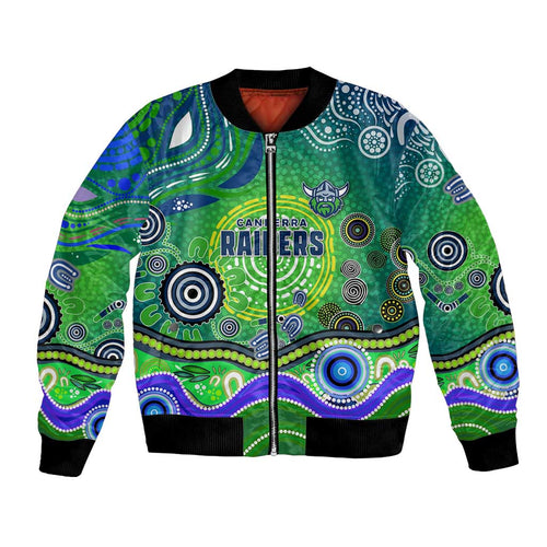 Canberra Raiders Rugby Bomber Jacket Australian Aboriginal Dot Painting Style