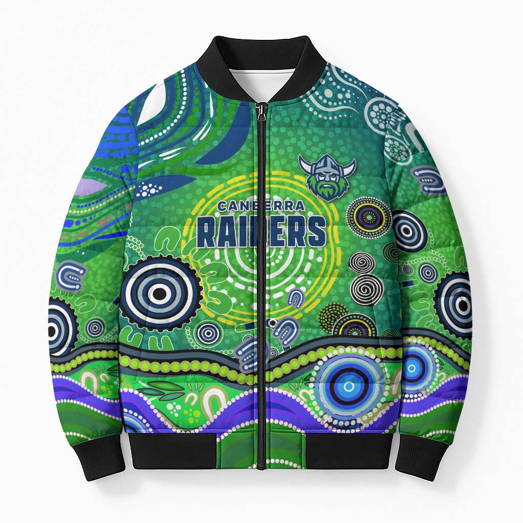 Canberra Raiders Rugby Bomber Puffer Jacket Australian Aboriginal Dot Painting Style