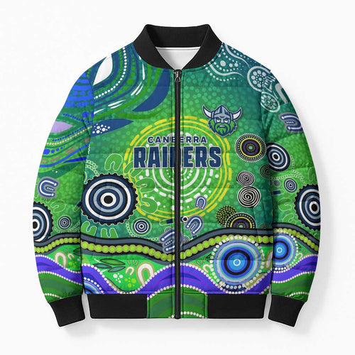 Canberra Raiders Rugby Bomber Puffer Jacket Australian Aboriginal Dot Painting Style