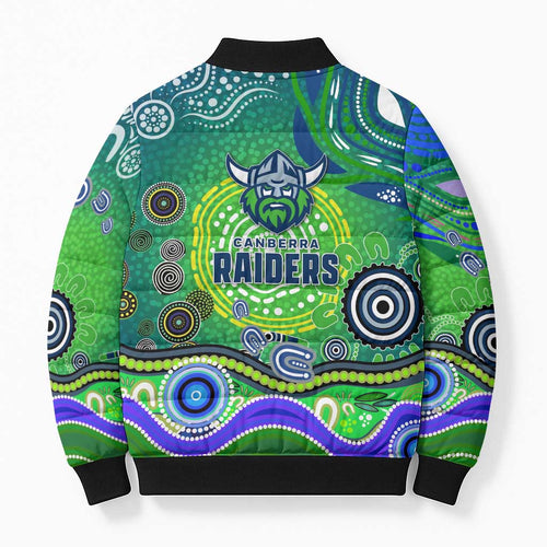 Canberra Raiders Rugby Bomber Puffer Jacket Australian Aboriginal Dot Painting Style