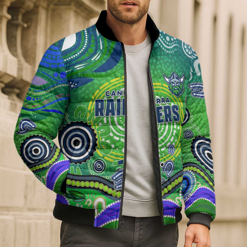 Canberra Raiders Rugby Bomber Puffer Jacket Australian Aboriginal Dot Painting Style
