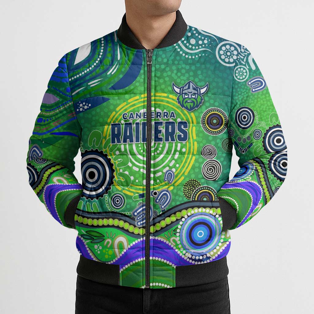 Canberra Raiders Rugby Bomber Puffer Jacket Australian Aboriginal Dot Painting Style