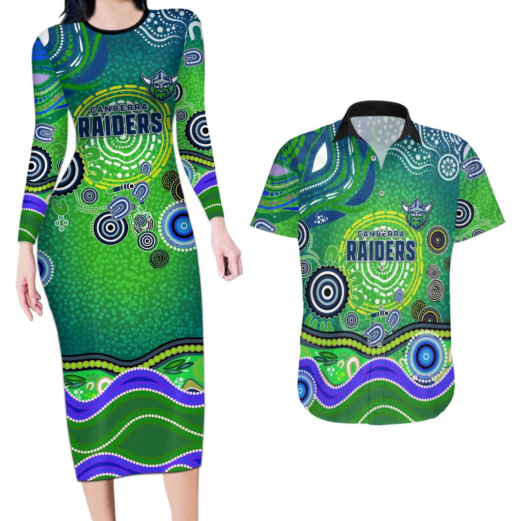 Canberra Raiders Rugby Couples Matching Long Sleeve Bodycon Dress and Hawaiian Shirt Australian Aboriginal Dot Painting Style