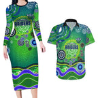 Canberra Raiders Rugby Couples Matching Long Sleeve Bodycon Dress and Hawaiian Shirt Australian Aboriginal Dot Painting Style