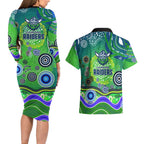 Canberra Raiders Rugby Couples Matching Long Sleeve Bodycon Dress and Hawaiian Shirt Australian Aboriginal Dot Painting Style