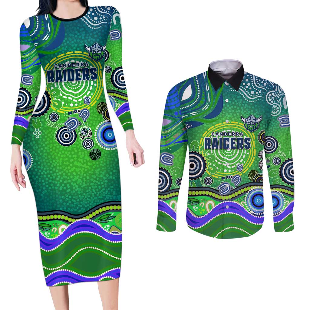 Canberra Raiders Rugby Couples Matching Long Sleeve Bodycon Dress and Long Sleeve Button Shirt Australian Aboriginal Dot Painting Style
