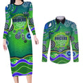 Canberra Raiders Rugby Couples Matching Long Sleeve Bodycon Dress and Long Sleeve Button Shirt Australian Aboriginal Dot Painting Style