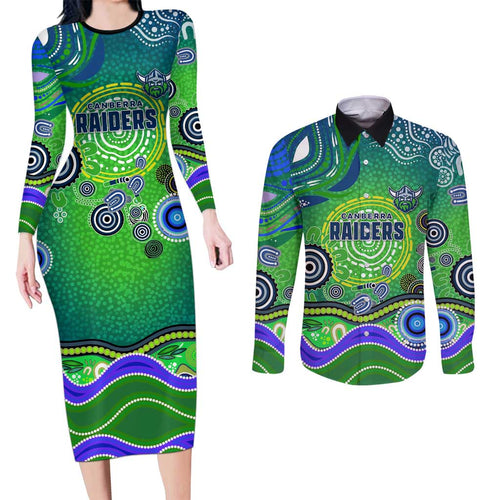 Canberra Raiders Rugby Couples Matching Long Sleeve Bodycon Dress and Long Sleeve Button Shirt Australian Aboriginal Dot Painting Style