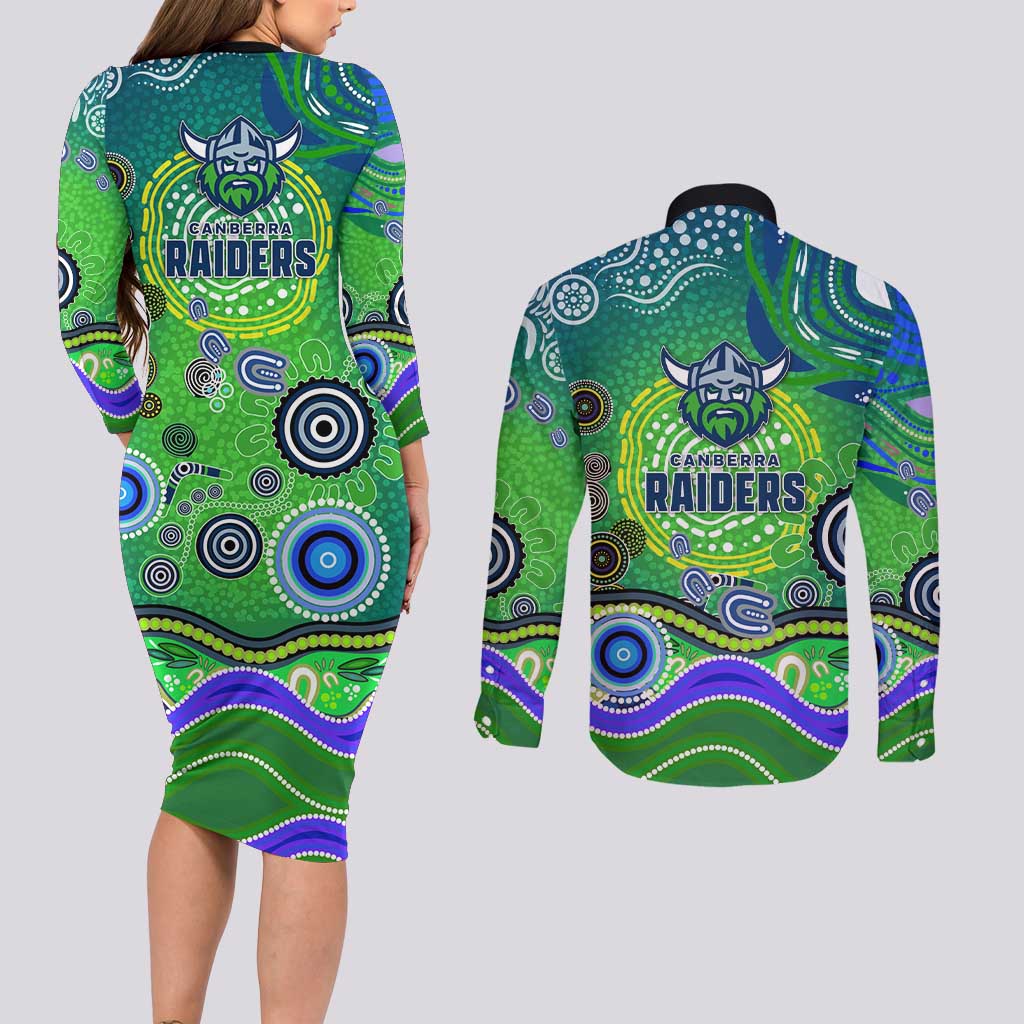 Canberra Raiders Rugby Couples Matching Long Sleeve Bodycon Dress and Long Sleeve Button Shirt Australian Aboriginal Dot Painting Style