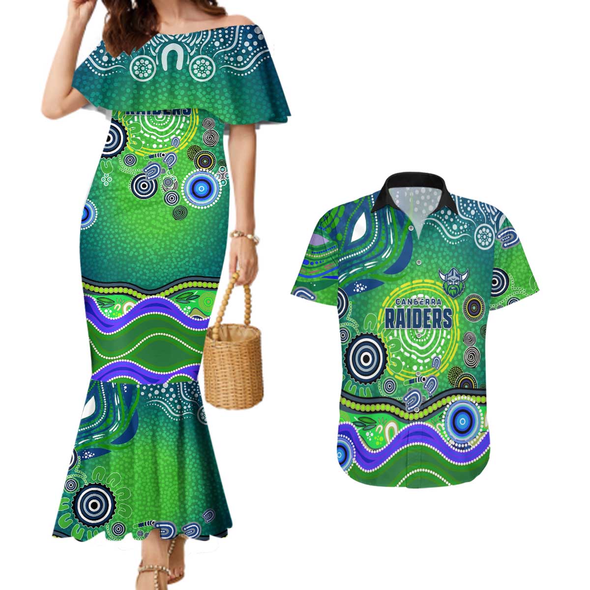 Canberra Raiders Rugby Couples Matching Mermaid Dress and Hawaiian Shirt Australian Aboriginal Dot Painting Style