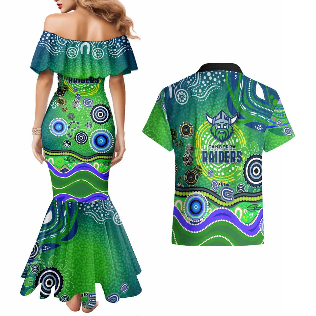 Canberra Raiders Rugby Couples Matching Mermaid Dress and Hawaiian Shirt Australian Aboriginal Dot Painting Style