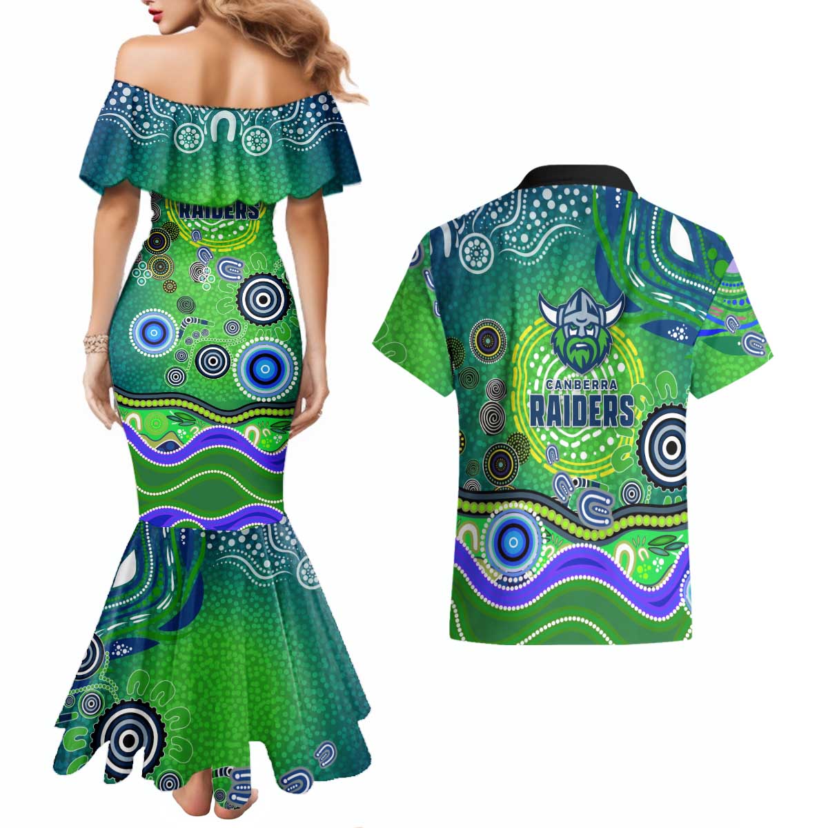 Canberra Raiders Rugby Couples Matching Mermaid Dress and Hawaiian Shirt Australian Aboriginal Dot Painting Style