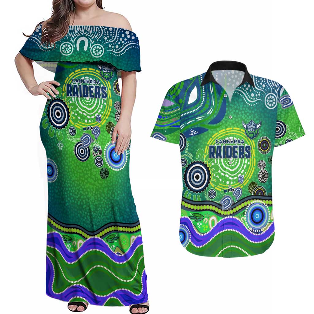 Canberra Raiders Rugby Couples Matching Off Shoulder Maxi Dress and Hawaiian Shirt Australian Aboriginal Dot Painting Style