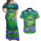 Canberra Raiders Rugby Couples Matching Off Shoulder Maxi Dress and Hawaiian Shirt Australian Aboriginal Dot Painting Style