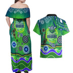 Canberra Raiders Rugby Couples Matching Off Shoulder Maxi Dress and Hawaiian Shirt Australian Aboriginal Dot Painting Style
