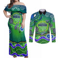 Canberra Raiders Rugby Couples Matching Off Shoulder Maxi Dress and Long Sleeve Button Shirt Australian Aboriginal Dot Painting Style