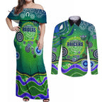 Canberra Raiders Rugby Couples Matching Off Shoulder Maxi Dress and Long Sleeve Button Shirt Australian Aboriginal Dot Painting Style