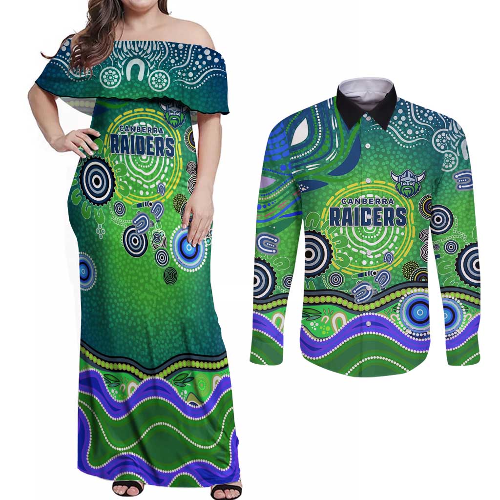Canberra Raiders Rugby Couples Matching Off Shoulder Maxi Dress and Long Sleeve Button Shirt Australian Aboriginal Dot Painting Style