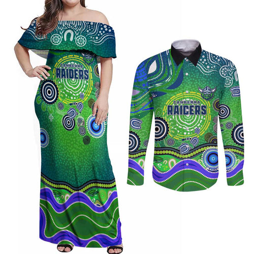 Canberra Raiders Rugby Couples Matching Off Shoulder Maxi Dress and Long Sleeve Button Shirt Australian Aboriginal Dot Painting Style